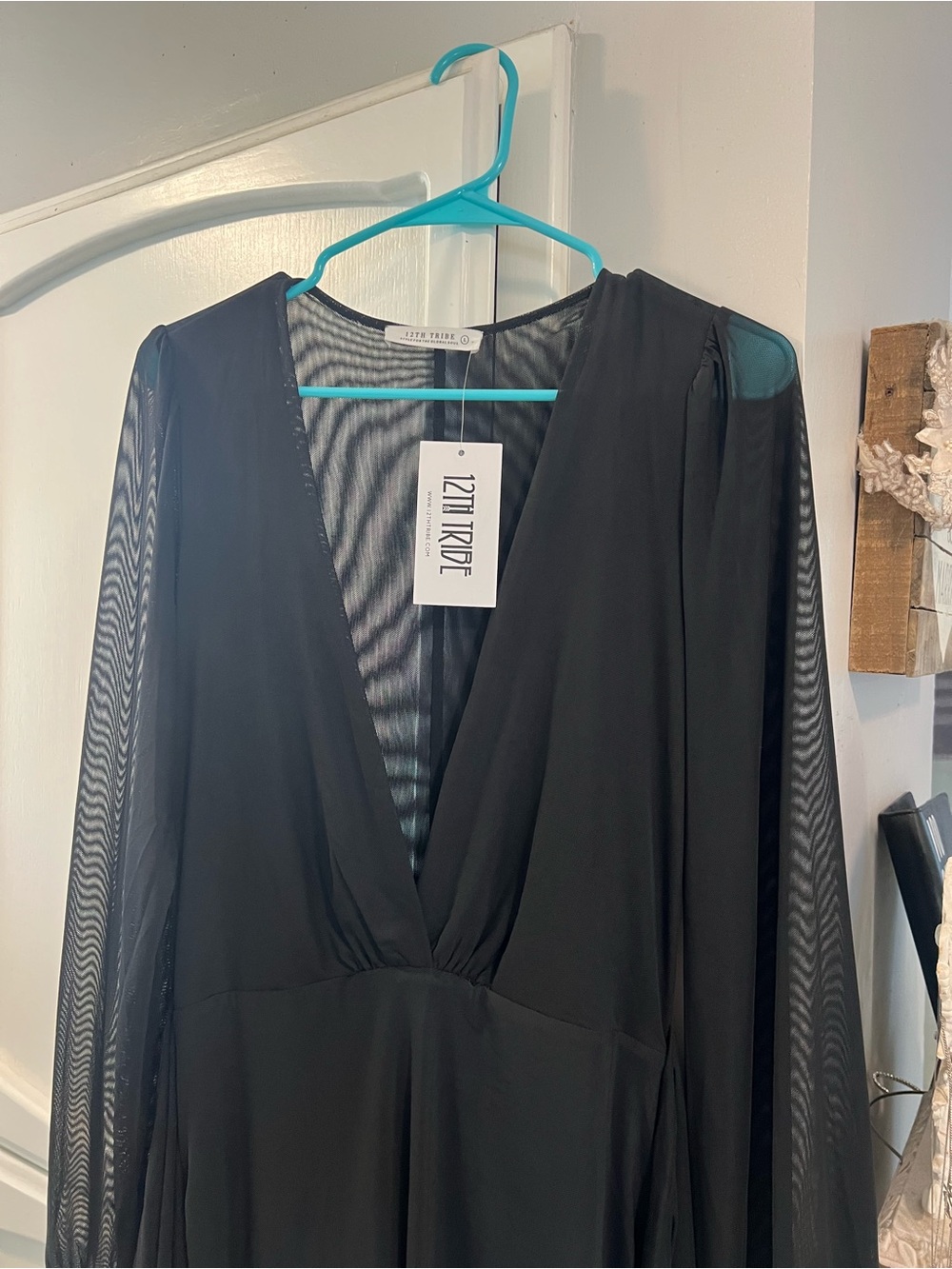 12th Tribe Black Deep V Long Sleeve Maxi Dress with Mini Slip - Picture 6 of 7